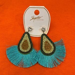 Teal fringe avocado earrings